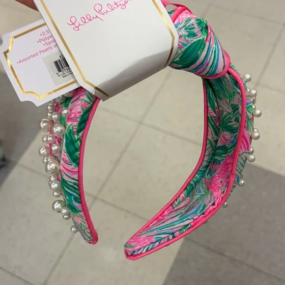 NWT ⚜️💖⚜️ Lilly Pulitzer Knotted Wide Satin Pearl Headband Coming In Hot - Picture 8 of 8